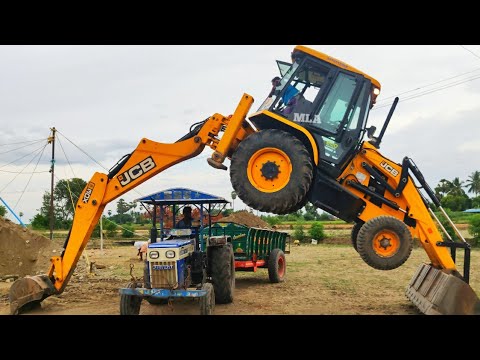 JCP and Tractor Videos | JCB stunt with Swaraj 744 FE stuck fully loaded  trolley pulling | CFV دیدئو dideo