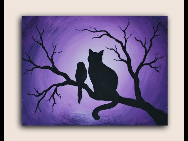Acrylic Painting Cat and Bird Silhouette Painting on Canvas دیدئو dideo