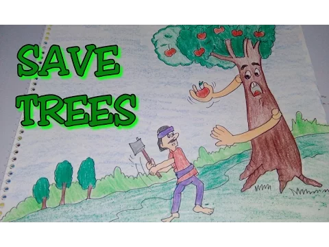 Drawing tutorial: save trees || dont cut trees || easy drawing || for kids  | poster [creative ideas] دیدئو dideo