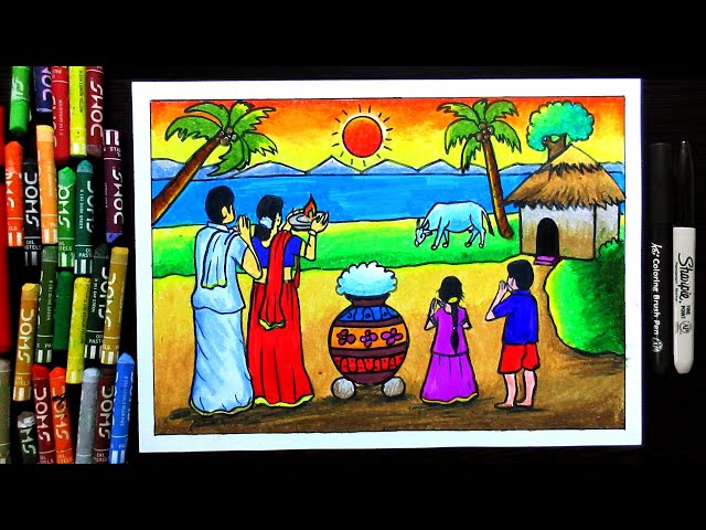 How to Draw Easy Pongal Festival Drawing Competition for Beginners and  School Students دیدئو dideo